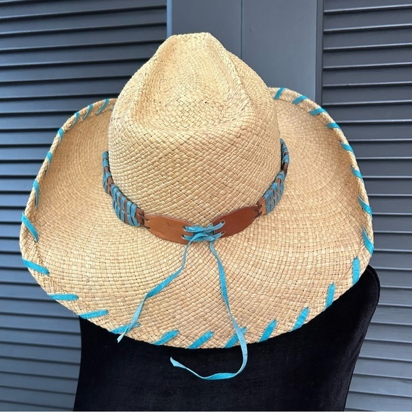 Bullhide Woven Straw Cowboy Hat With Turquoise Details, Size Small - Picture 5 of 16